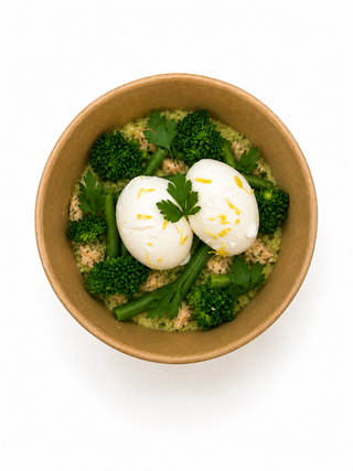 Green shakshuka with poached Norwegian salmon and vegetables