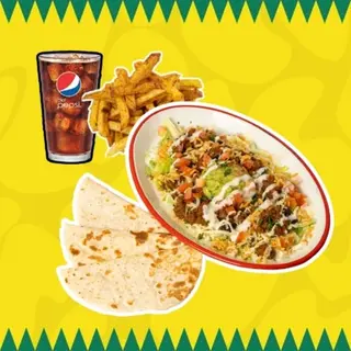 Burrito en Bol + Patatas o Nachos con Queso + Bebida