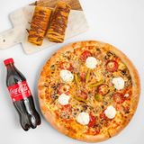 Srednja GURMANSKA pizza + Coca-Cola 0.5l + 2x palačinke Nutella