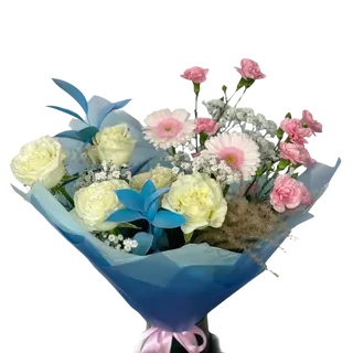 Buchet de trandafiri albi si garofite