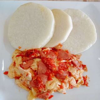 Boiled Yam + Scrabble Eggs With Sausages
