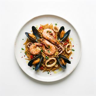 Fideos fritos con marisco
