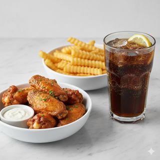 Plato De Chicken Wings Con Patatas Y Refresco