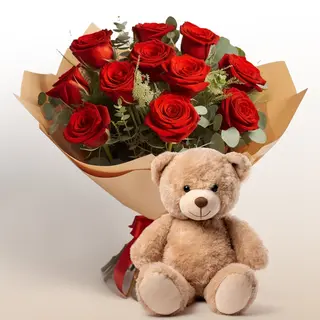 rose rosse con mini orso
