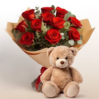 rose rosse con mini orso