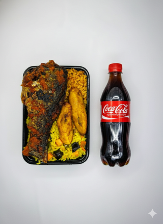 A Plate Of Rice With Croaker + Cocacola