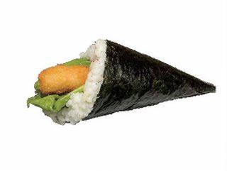 44.Temaki De Langostino Frito Con Aguacate Tobiko (1 Pza.)