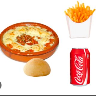 Menú plato gratinado (patatas fritas y carne ) y lata refresco de 33cl