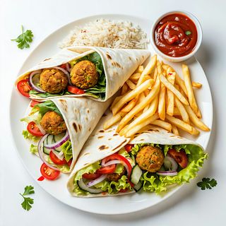 Shaorma vegetariană + Cartofi cu usturoi și pătrunjel + Limonadă/Ayran