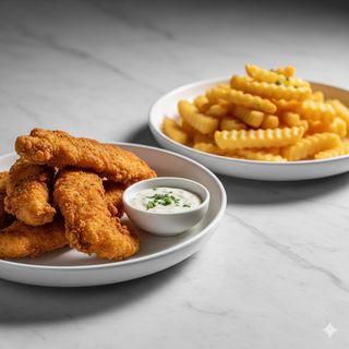 Plato Tiras De Pollo + Patatas Y Salsa Blanca