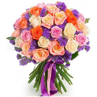 Buchet (1016)din 25 trandafiri color cu limonium mov