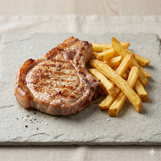 Chuletón de cerdo a la plancha con patatas fritas