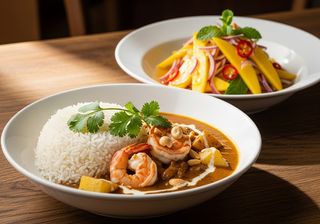 Riso al curry massaman con gamberoni e insalatina di mango