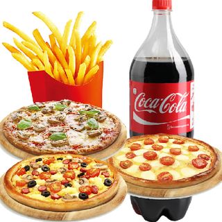 3 Pizzas (28 Cm.) + Patatas + Coca-Cola (1.25 Lt.)
