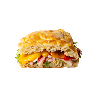 Prosciutto cotto, crema di taleggio, peperoni e rucola