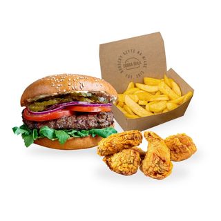 Standard Burger + 4 skrzydełka + Duże frytki