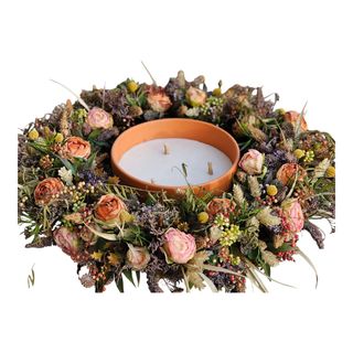 Wianek z kwiatów sztucznych w kolorze jesiennym ze zniczem mały 