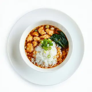 Sopa Agripicante, Arroz Frito Y Cerdo Asado Con Salsa Picante