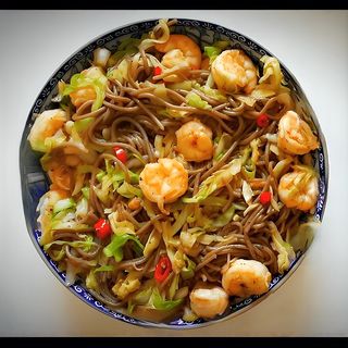 Spaghetti soba con gamberi