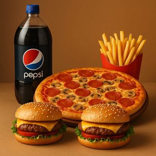 2 Hamburguesas + Pizza Mediana + Patatas + Refresco 2L