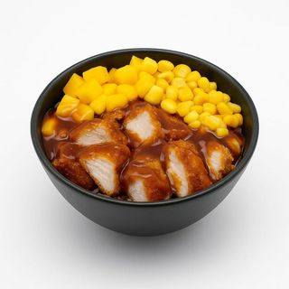 POKE TROPICAL CHICKEN (Riso rosa, pollo in tempura, mango, mais, salsa agrodolce)