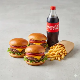 Menú Hamburguesas 3 Uds. + Patatas + Coca-Cola 1 Lt.