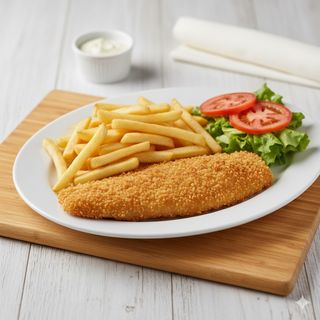 Plato De Pescado Fogonero Empanado Con Papas Y Ensalada