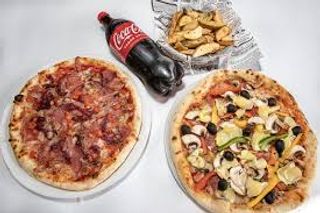 2 Pizzas grande (35 cm.) + patatas + Coca-Cola Sabor Original botella 2L.
