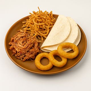 Pulled pork, čips od kapule, dvije tortilje i kolutići luka