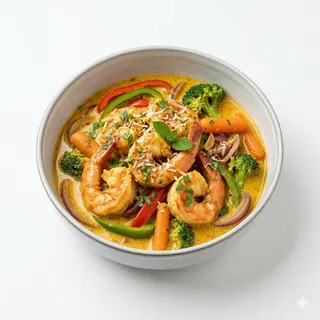403.Langostinos con coco, curry y verdura