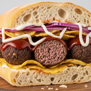 Polpette di cavallo, barbecue, maionese, cipolla e patatine