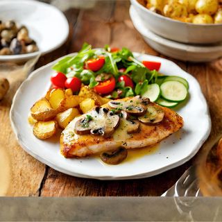 Filet z kurczaka, pieczarki, ser, ziemniaki, surówka, zupa