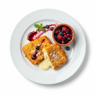 Camembert in fulgi de migdale cu sos fructe de padure