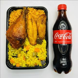 A Plate Of Rice With Chicken + Coca Cola Original PET