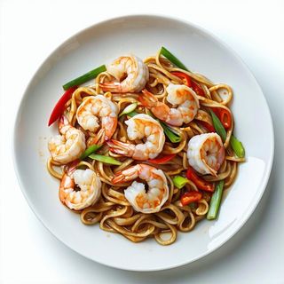 Udon saltati con gamberi