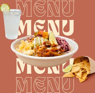 Menu com burrito à sua escolha, nachos e bebida à escolha.
