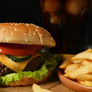 Cheesy Beef Burger with Chips or Bhajia