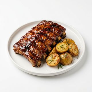 Coaste de porc cu sos bbq și cartofi cu rozmarin