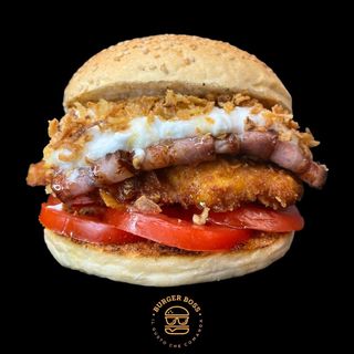 Hamburger di pollo Frank Lucas con patatine, salsa e bevanda omaggio