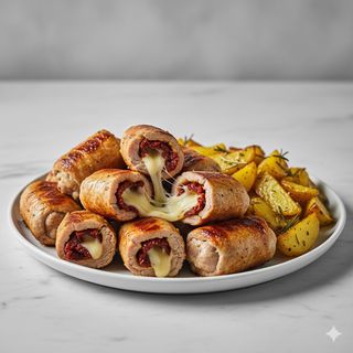 Bombette di maiale ripiene di pomodoro secco e scamorza con contorno di patate