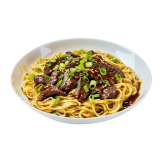 Mee kering, fideos con salsa soja con curry ternera (gluten)