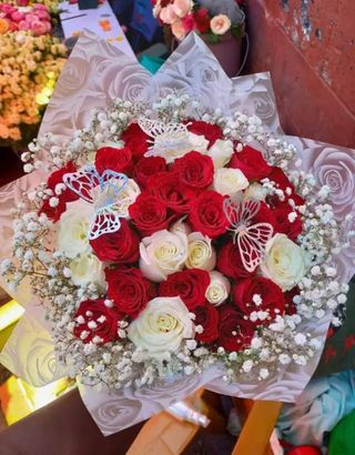 Red and White Roses and Baby's breath