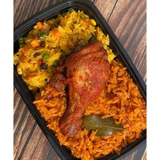 Jollof & fried rice + beef + plantain or coleslaw