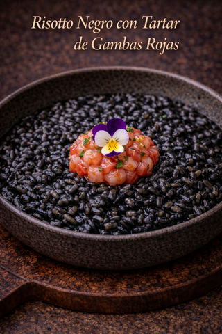 Risotto Negro con Tartar de Gambas Rojas