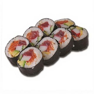 Futomaki de salmón con atún, surimi, aguacate y pepino (8 piezas)
