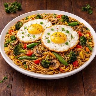 Sizzle Veggies Noodles With Fried Egg