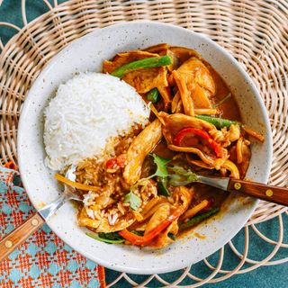 Thai Red Chicken Curry Served With Rice Or Noodles