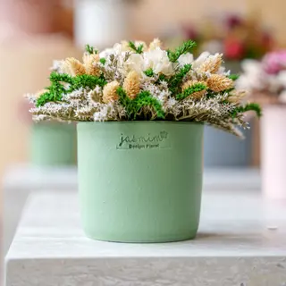 Vaso pequeno verde com as flores preservadas verdes e amarelas