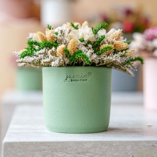 Vaso pequeno verde com as flores preservadas verdes e amarelas