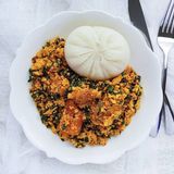 Egusi Soup, Poundo And Goat Meat With Water